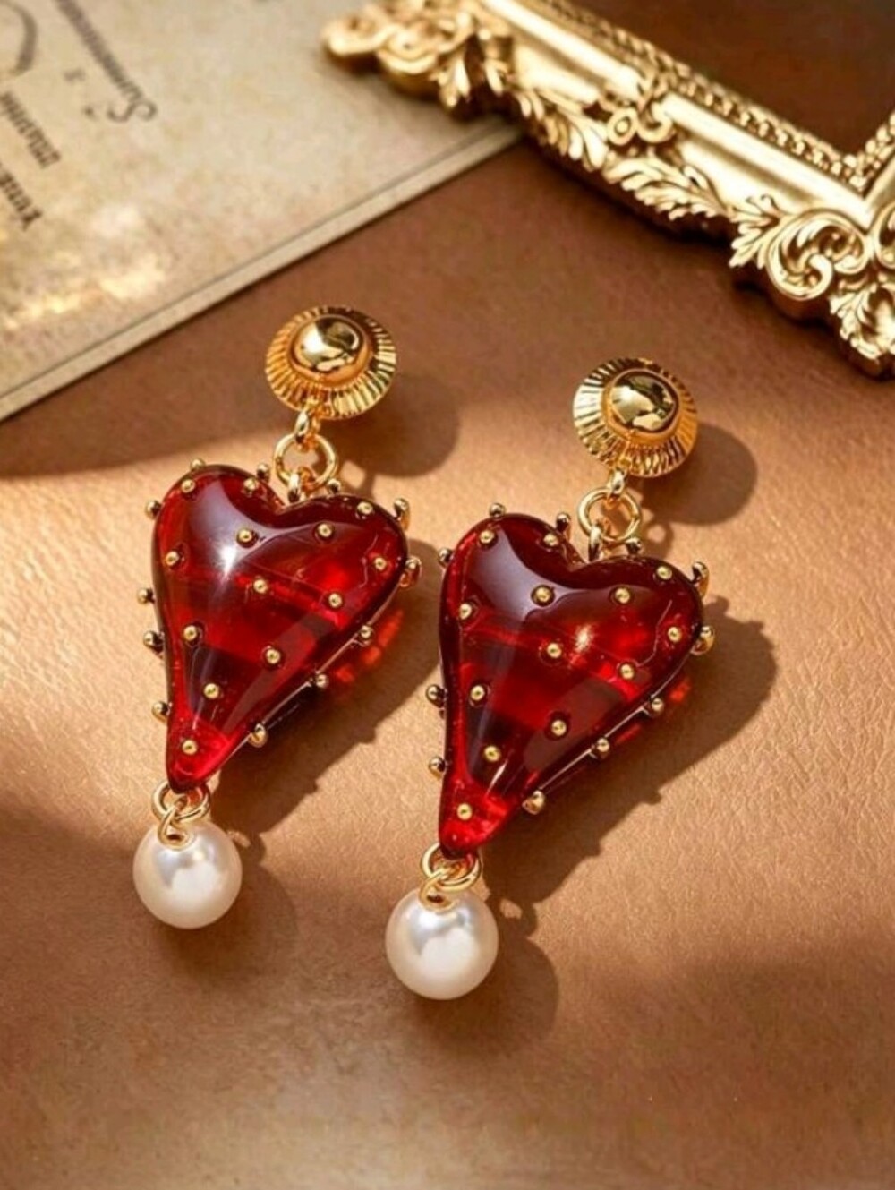 NEW! Statement Red Victorian Heart Gold Drop Post Earrings with Pearl Accent